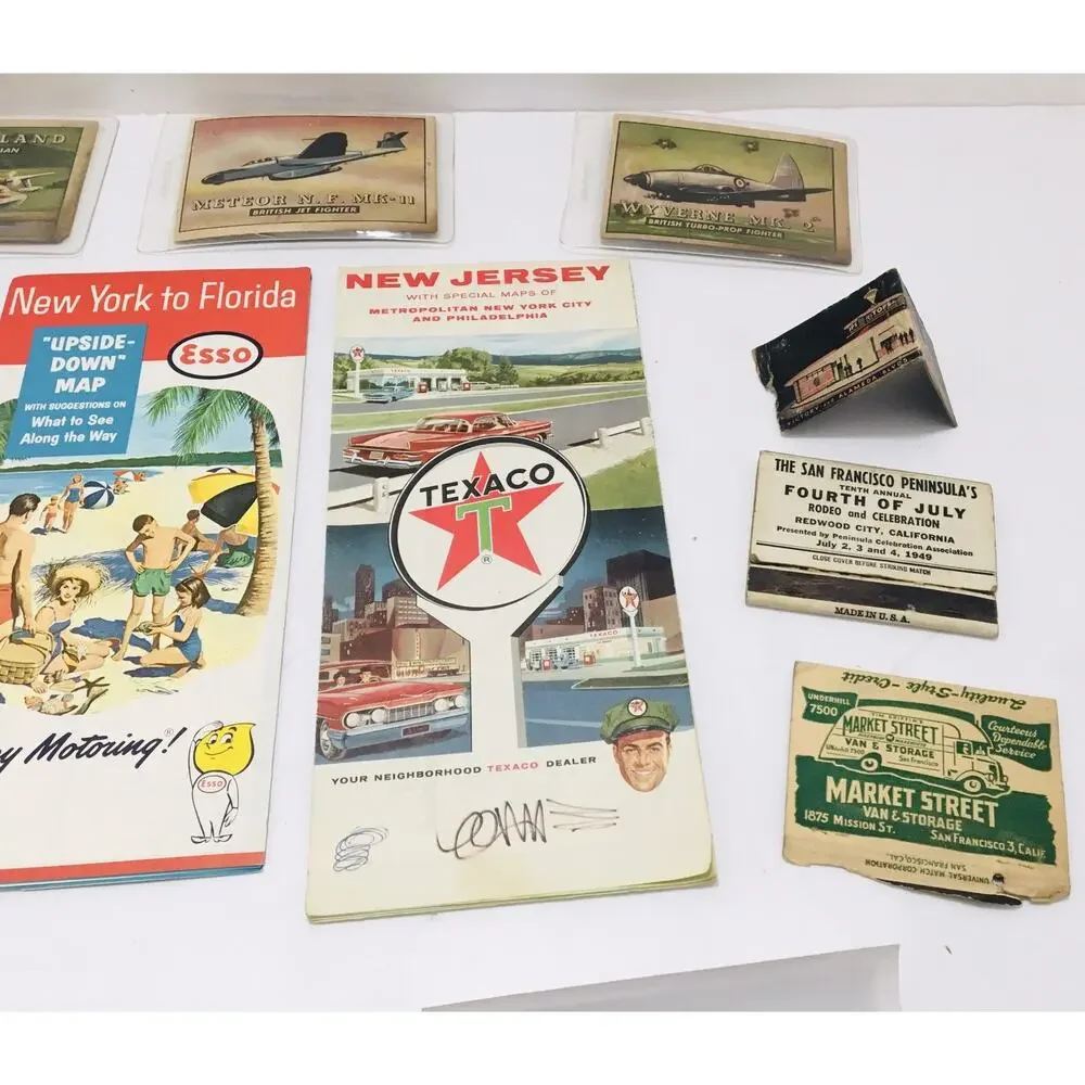 JUNK DRAWER LOT MAPS OLD PHOTOS STAMPS LEATHER POSTCARDS AIRPLANE CARDS ETC